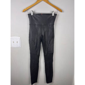 SPANX Faux Leather Moto Leggings Black High Rise Quilted Panels Women M Medium